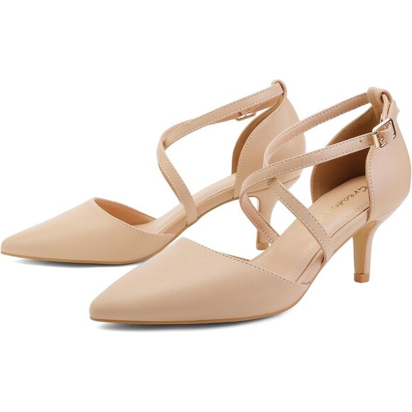 Women's Nude Pu Polyurethane Pointed Toe Cross Strap Low Kitten Heel Pumps - Picture 6 of 6